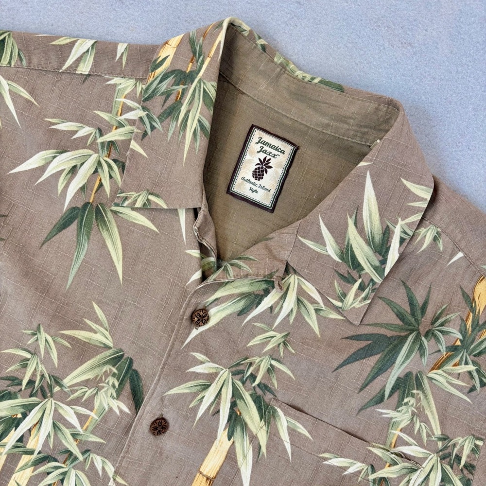 Jamaica Jaxx Mens Silk Bamboo Print Camp Shirt Brown Short Sleeve Medium